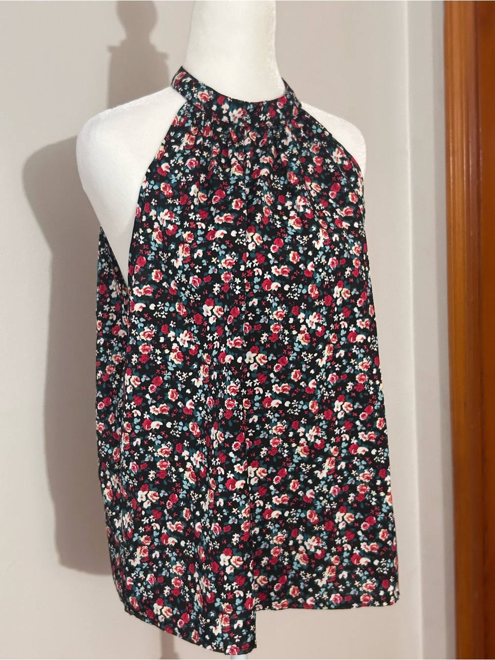 SHEIN Black Floral Print Top with Red and Teal Accents